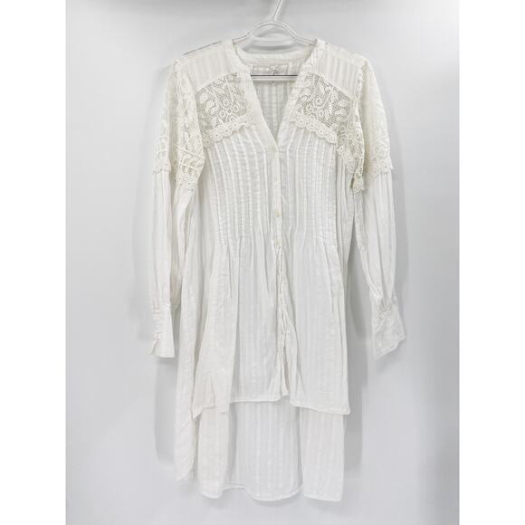 Feather Bone Anthropologie Lucille White Long High-Low Crochet Button Front Top - Picture 2 of 9